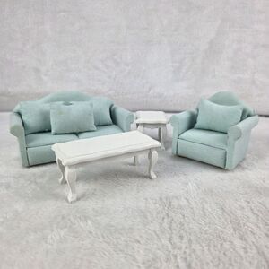 Vintage Dollhouse Living Room Furniture Set Upholstered Wood Sofa Chair 8 Pc